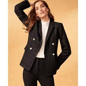 Ann Taylor Black Tweed Double-Breasted Blazer with Pearl Buttons
